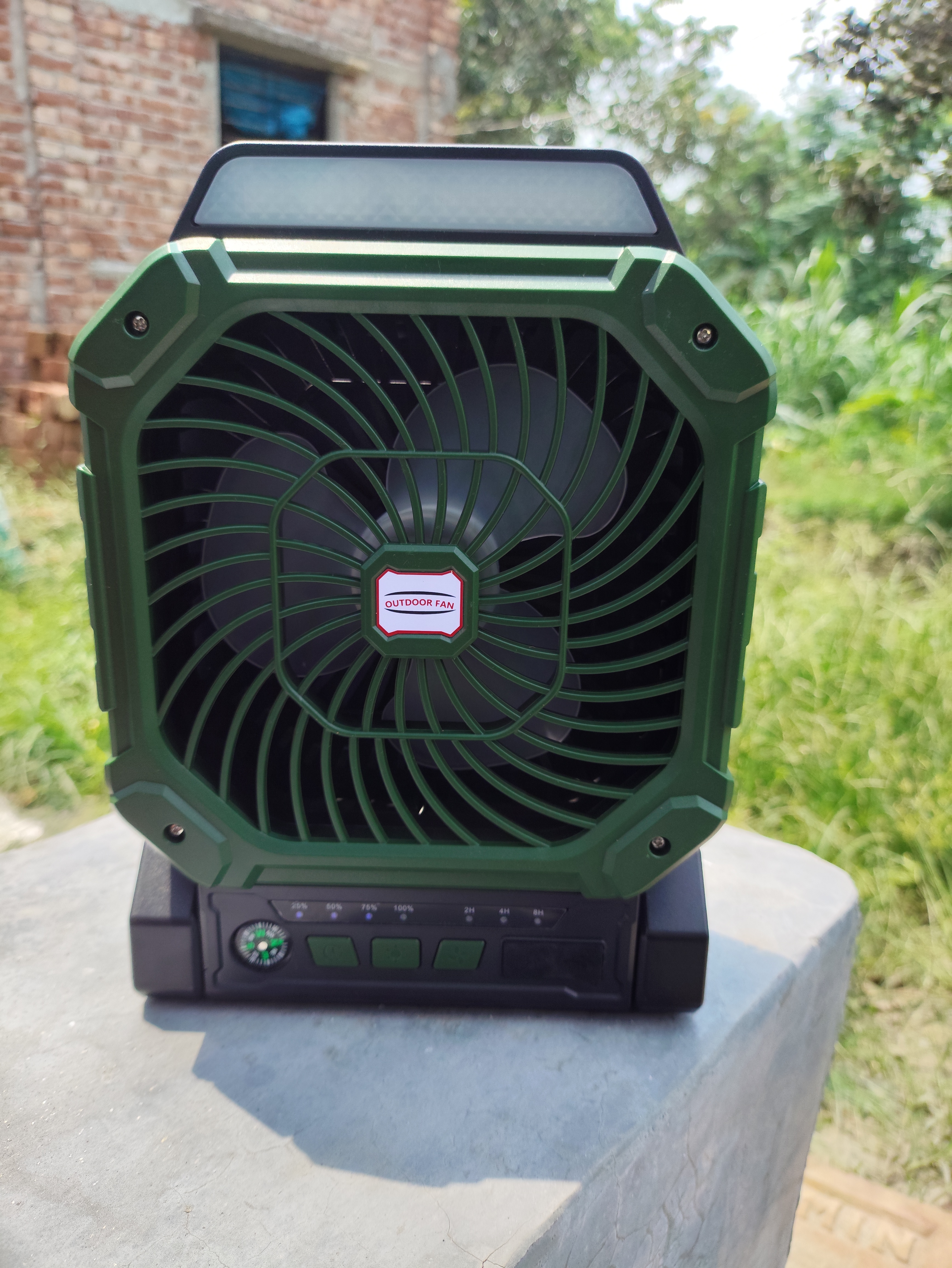 Solar Powered Camping Fan with LED Light  USB Rechargeable Portable Outdoor Fan 3 Speed High Wind Gree
